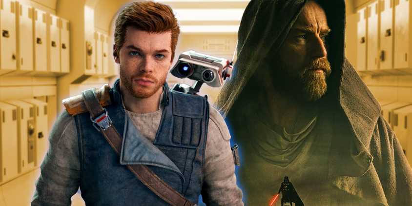 Cal and BB8 from Jedi Survivor standing next to Obi-Wan Kenobi in front of a spaceship.