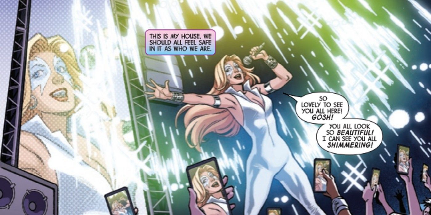 Painel de quadrinhos: Dazzler canta enquanto o público aponta telefones para ela.