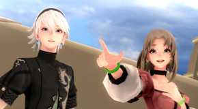 Leo and Kina standing on an airship in Fantasian Neo Dimension.