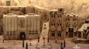 A desert city with two tall buildings in Fantasian Neo Dimension.