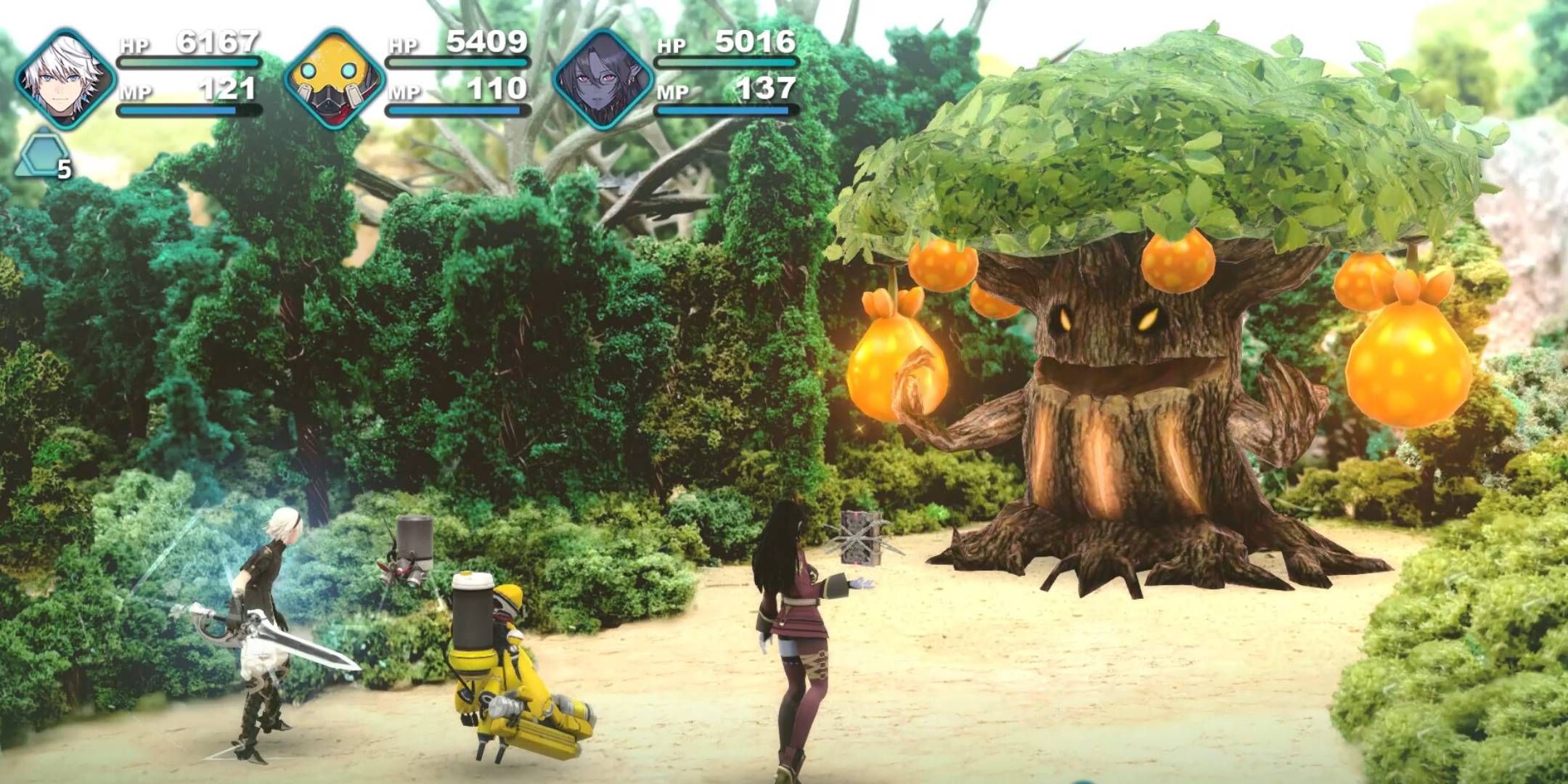 Leo, Prickle y Clicker, y Valrika luchan contra un árbol gigante en Fantasian Neo Dimension.