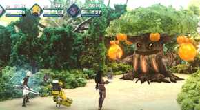 Leo, Prickle and Clicker, and Valrika fighting a giant tree in Fantasian Neo Dimension.