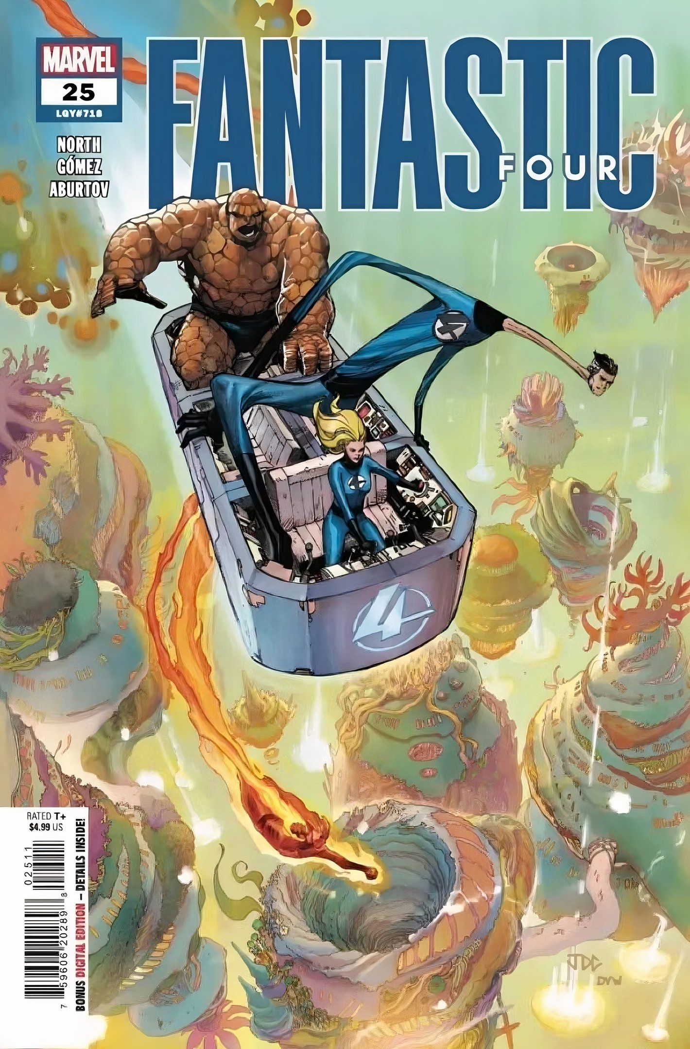 Capa do Quarteto Fantástico #25, os Quatro descendo em direção a uma paisagem alienígena.