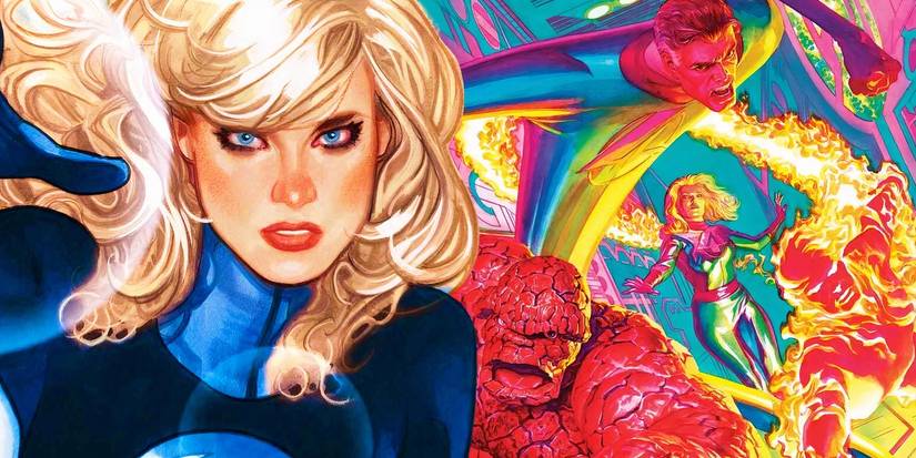 Comic book art: Sue Storm makes a force field in the foreground while the rest of the Fantastic Four are pictured fighting in the background.