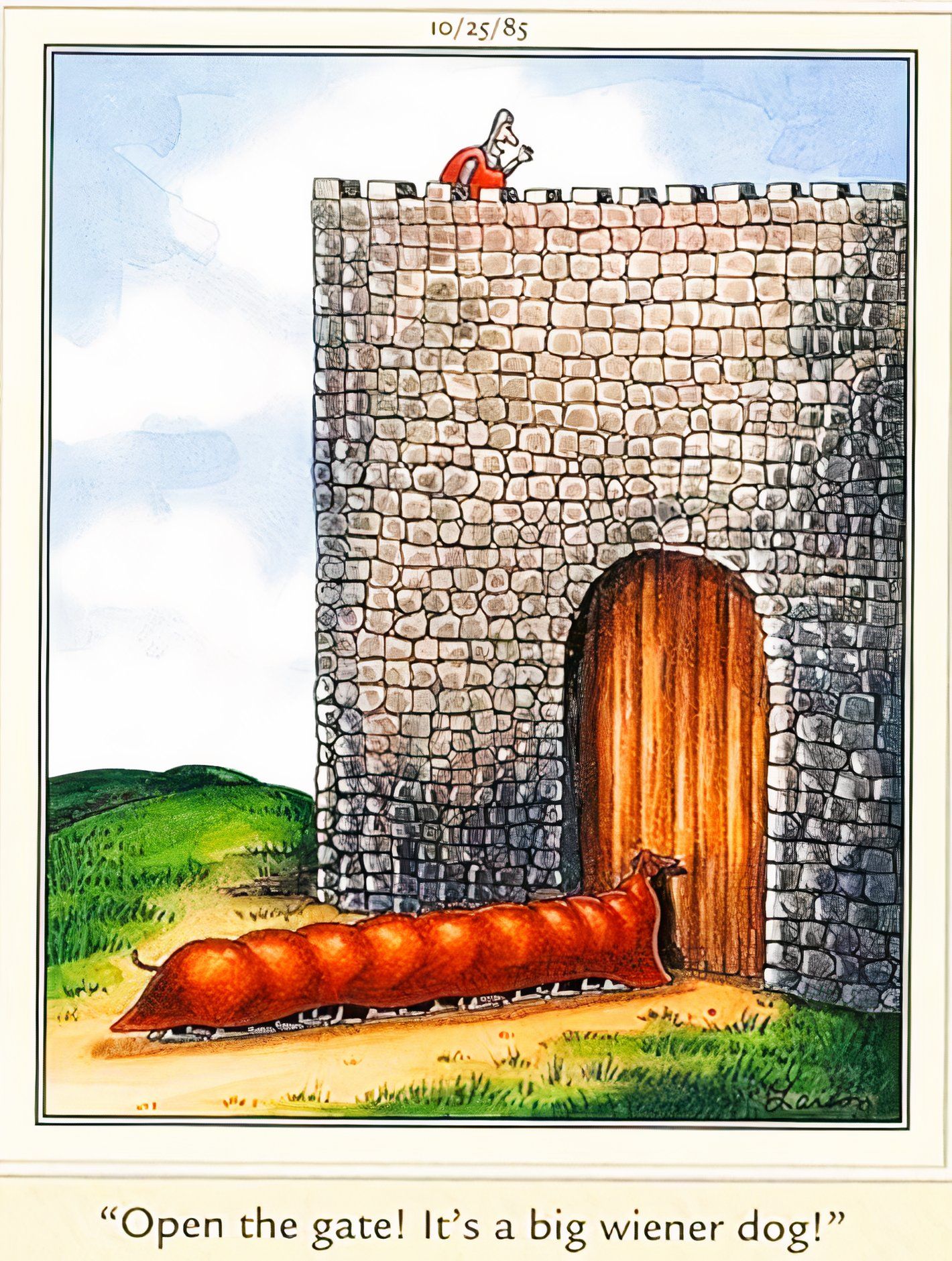 Far Side, um cavaleiro pede que o portão do castelo seja aberto para um 'grande cachorro Weiner'