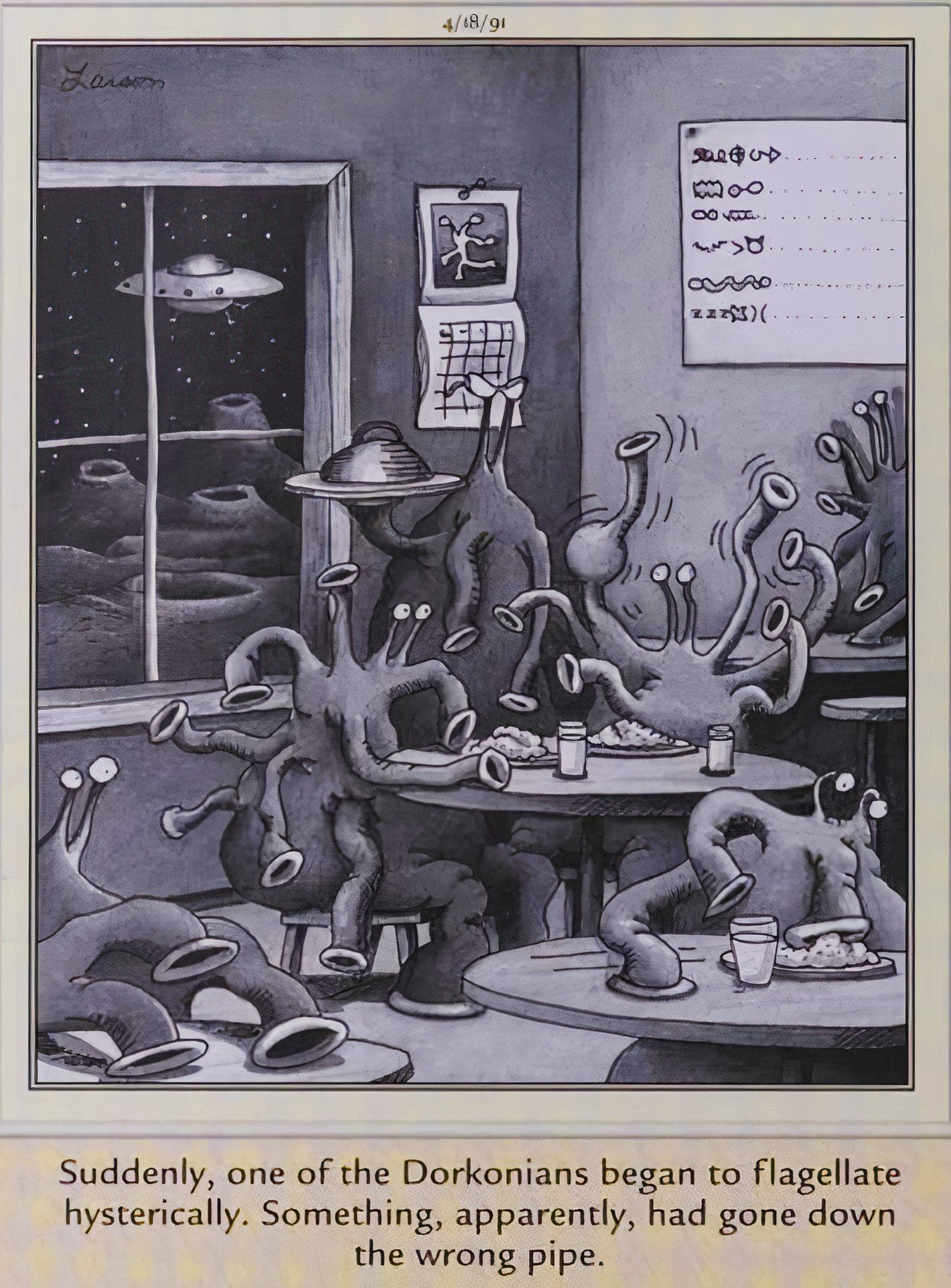 Al otro lado, el 18 de abril de 1991, un cliente hace clic en una cocina llena de extraterrestres con apéndices parecidos a narices.