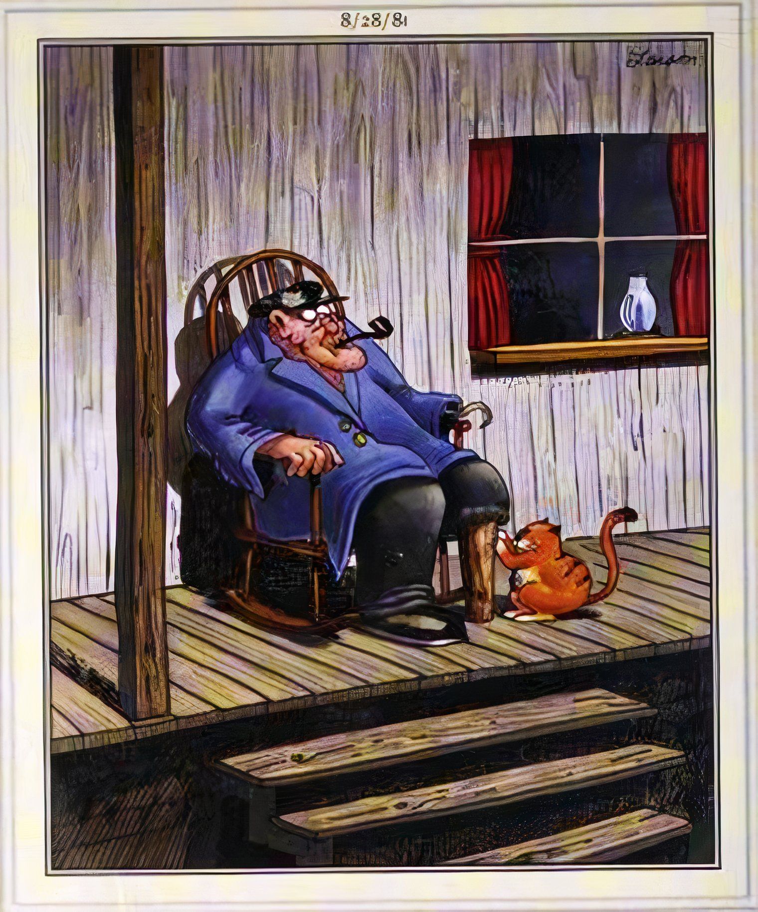 Far Side, 28 de agosto de 1981, um gato usa uma perna de pau de marinheiro como poste para arranhar