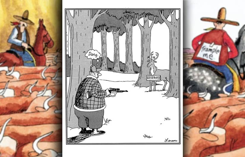 far side comic where hunter sees deer is reserved