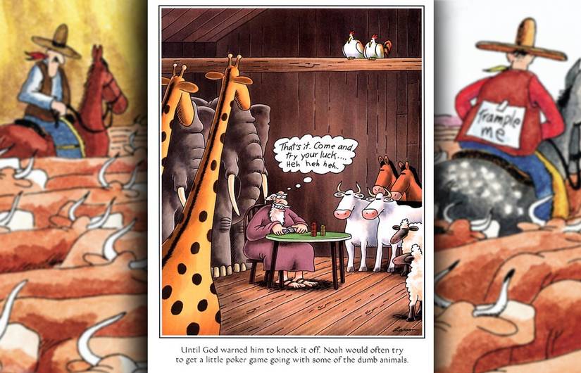 far side comic where noah tries to force the animals to play poker