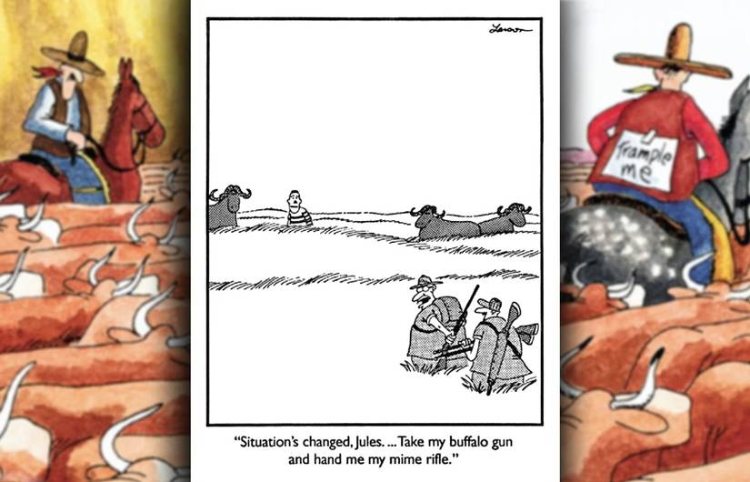 far side comic with a mime rifle