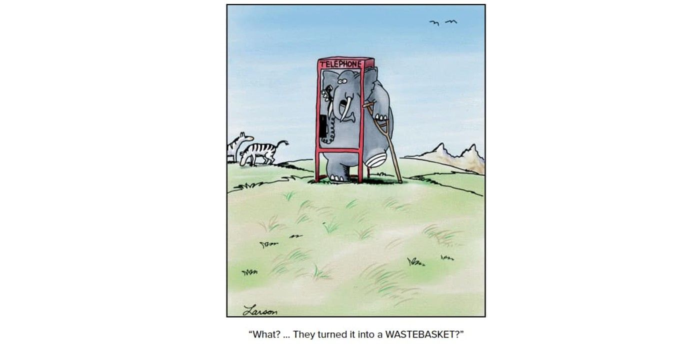 far side comic with elephant who has one foot