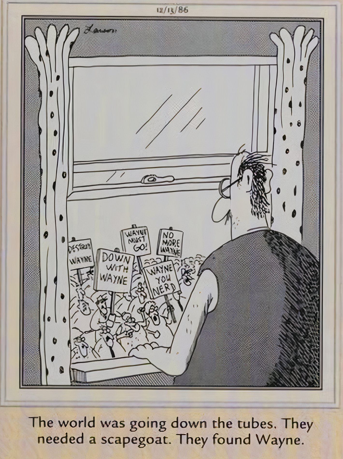 En la esquina más alejada, el 13 de diciembre de 1986, Wayne la Cabra mira a una multitud de manifestantes afuera de su ventana.