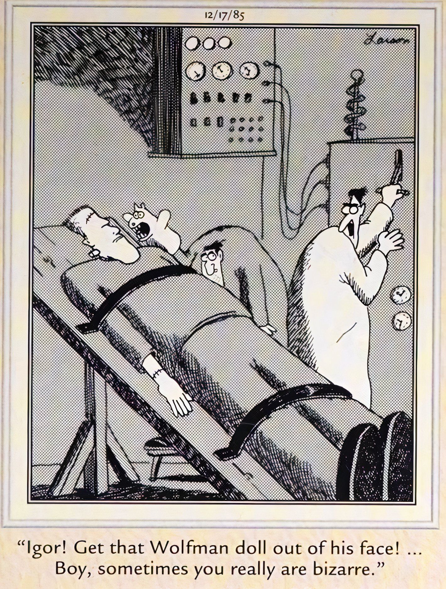 Far Side, 17 de dezembro de 1985, Igor é advertido pelo Dr. Frankenstein por ser 