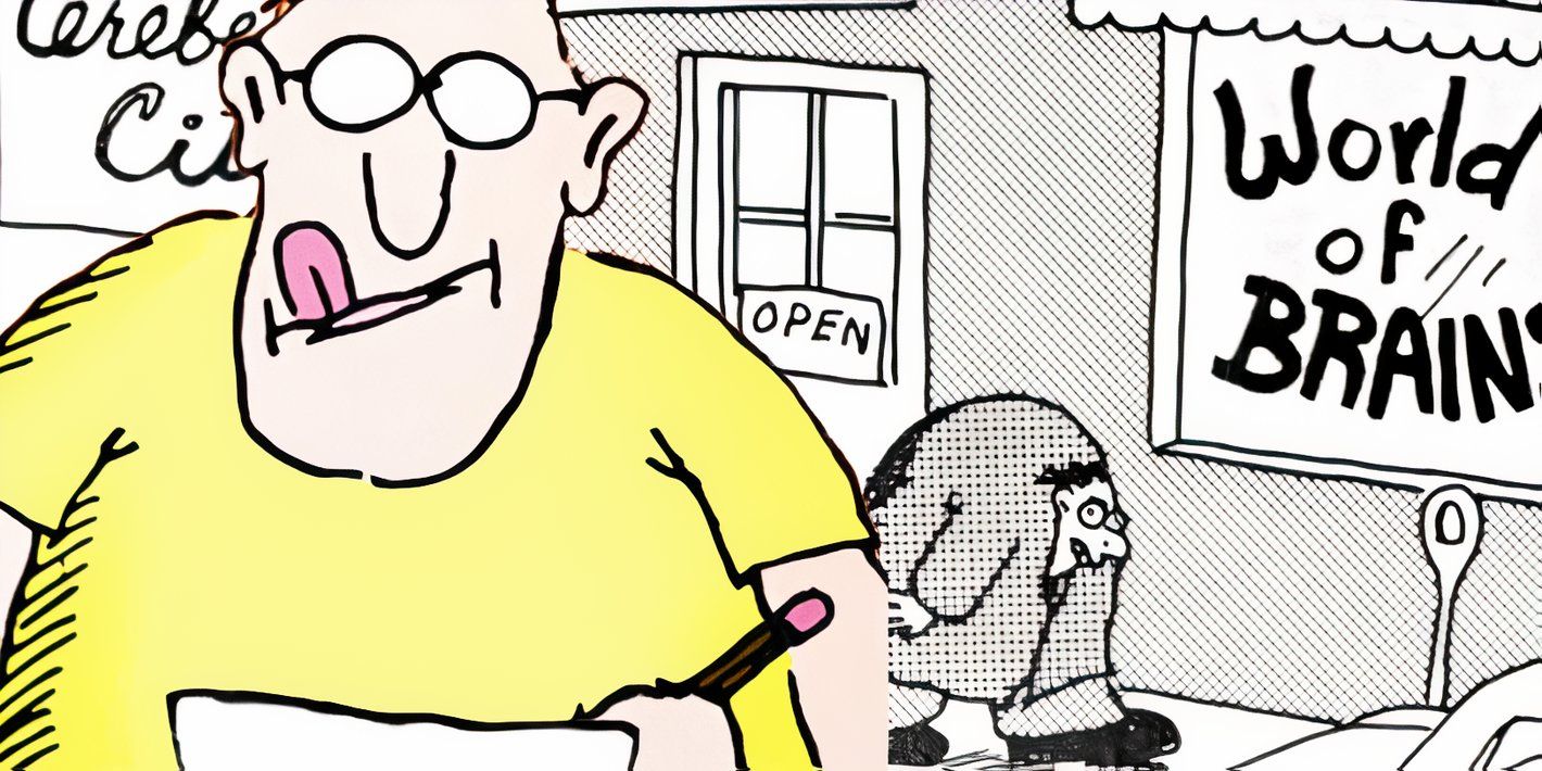 Far Side human character sticking out tongue as he writes (left, foreground) with Igor walking in the background