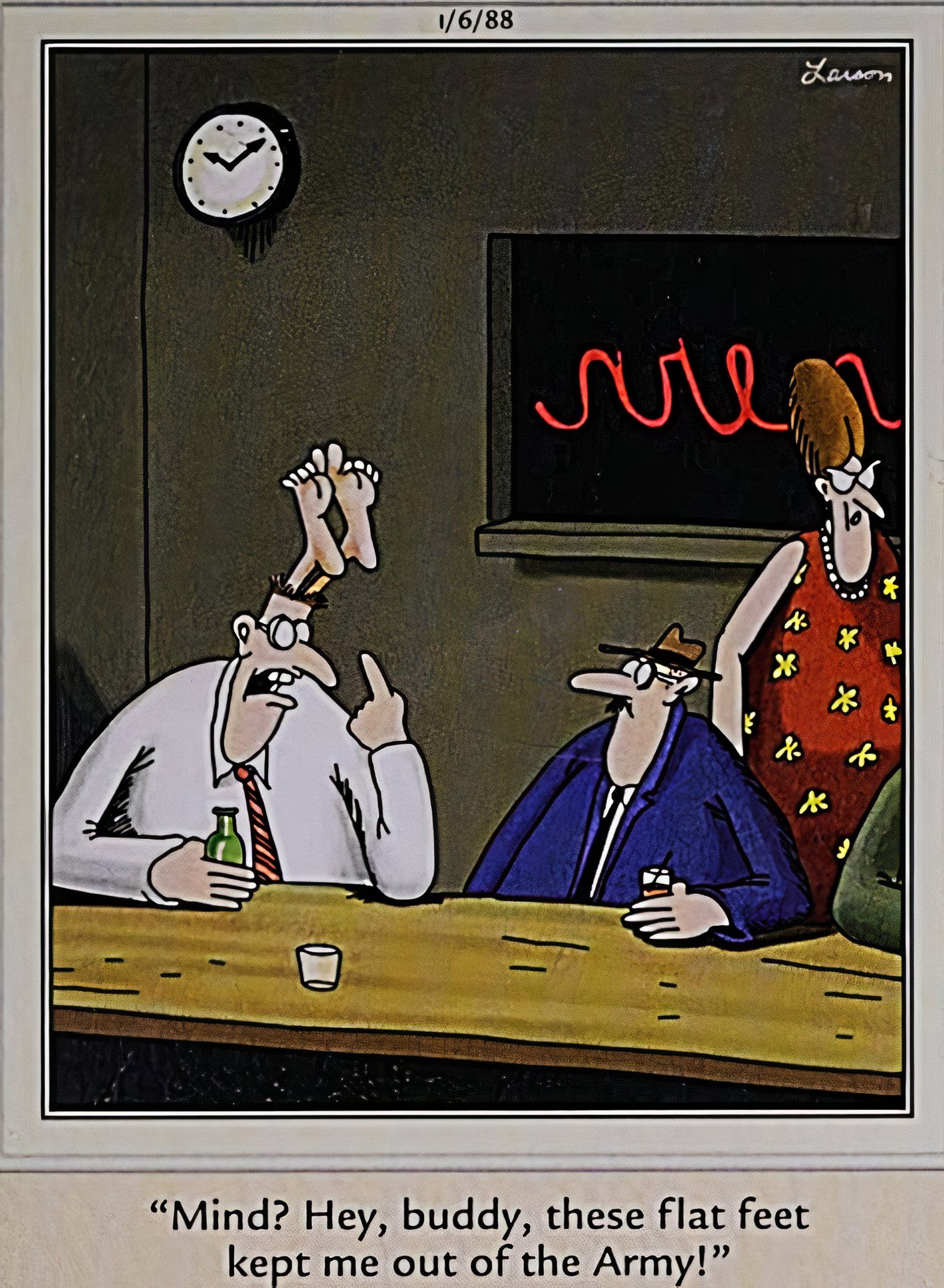 Far Side, January 6, 1988, a man with feet growing out of his head says he's being kept out of the army