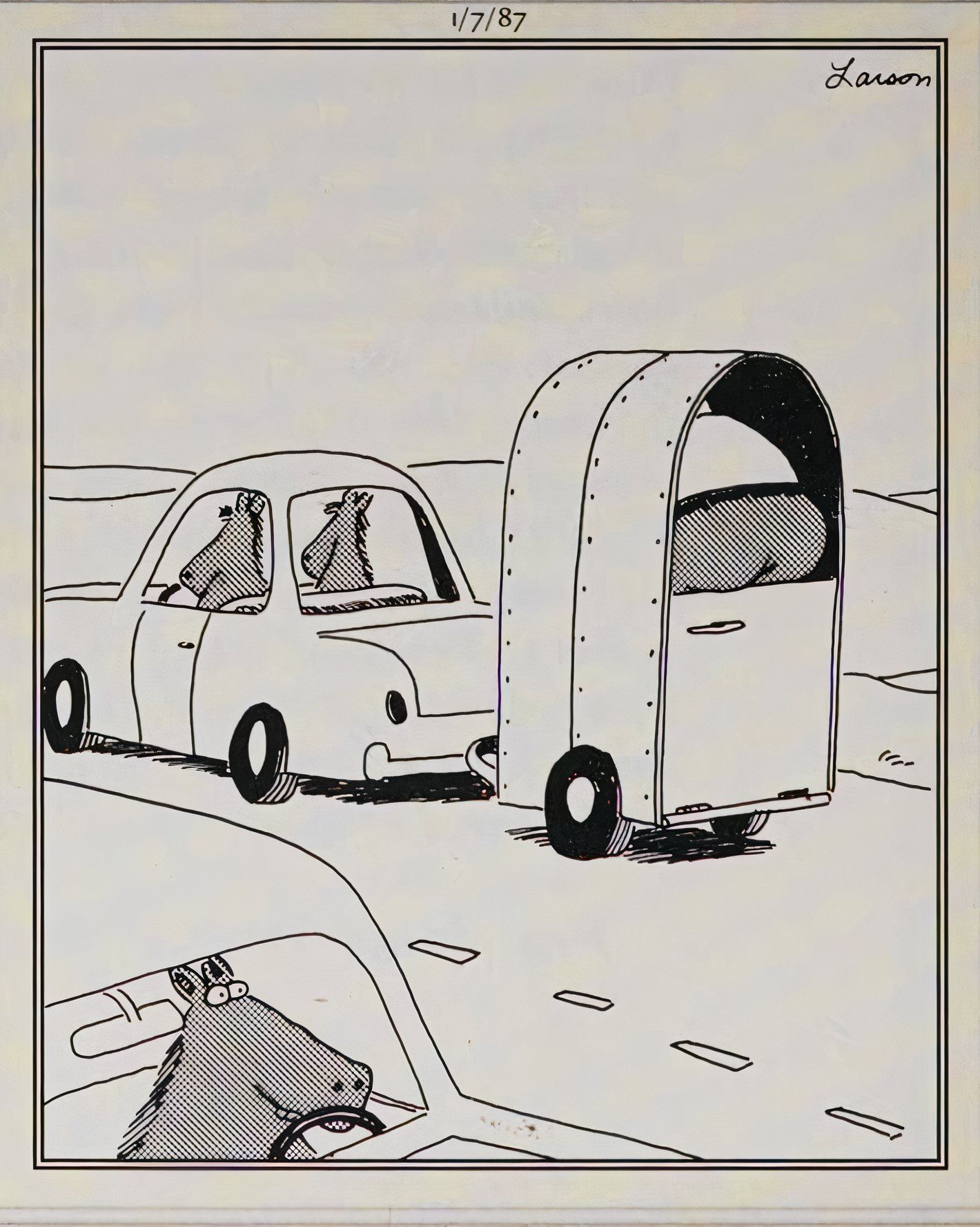 Far Side, 7 de janeiro de 1987, cavalos dirigindo um carro com um homem em um transportador de cavalos atrás