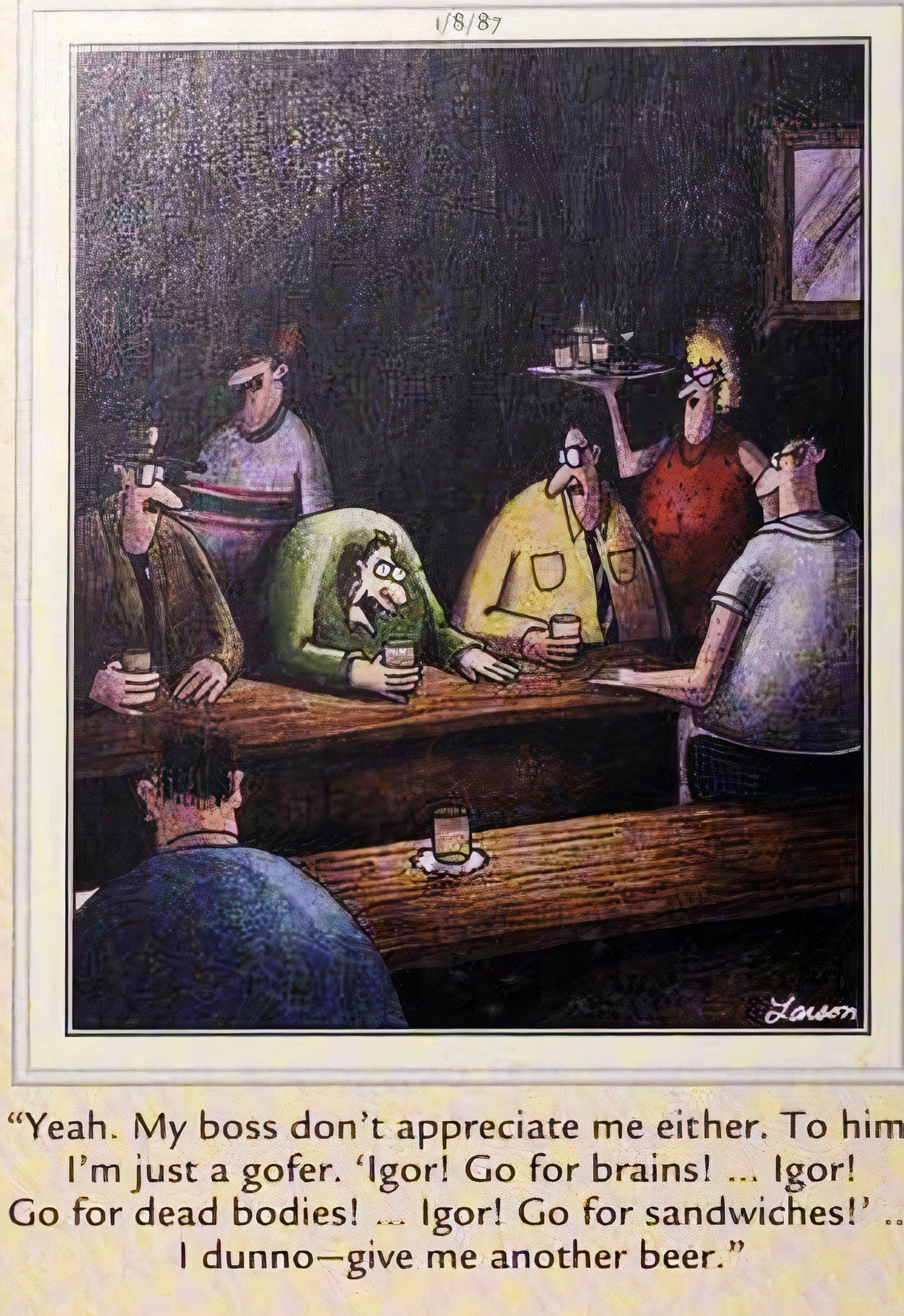 Far Side, 8 de enero de 1987, Igor en el bar quejándose de su jefe.