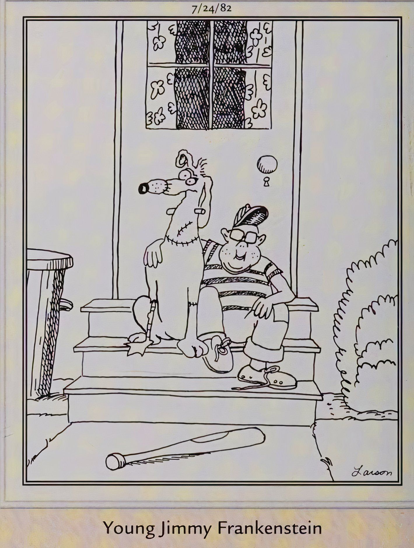 Far Side, 24 de julho de 1982, o 'jovem Jimmy Frankenstein' sentado nos degraus da frente com seu cachorro costurado