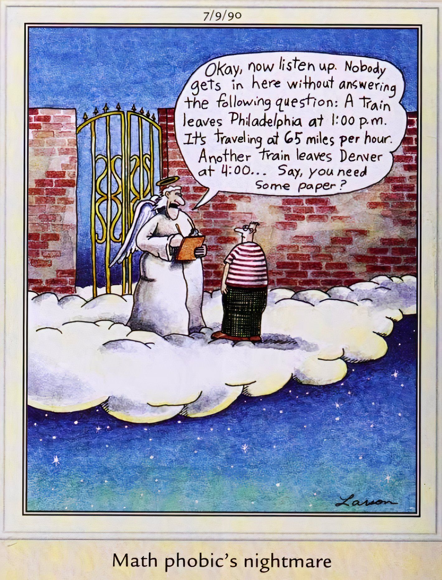 Far Side, 9 de julho de 1990, um 'pesadelo de um matemático' sobre a necessidade de responder a perguntas de álgebra para entrar no céu