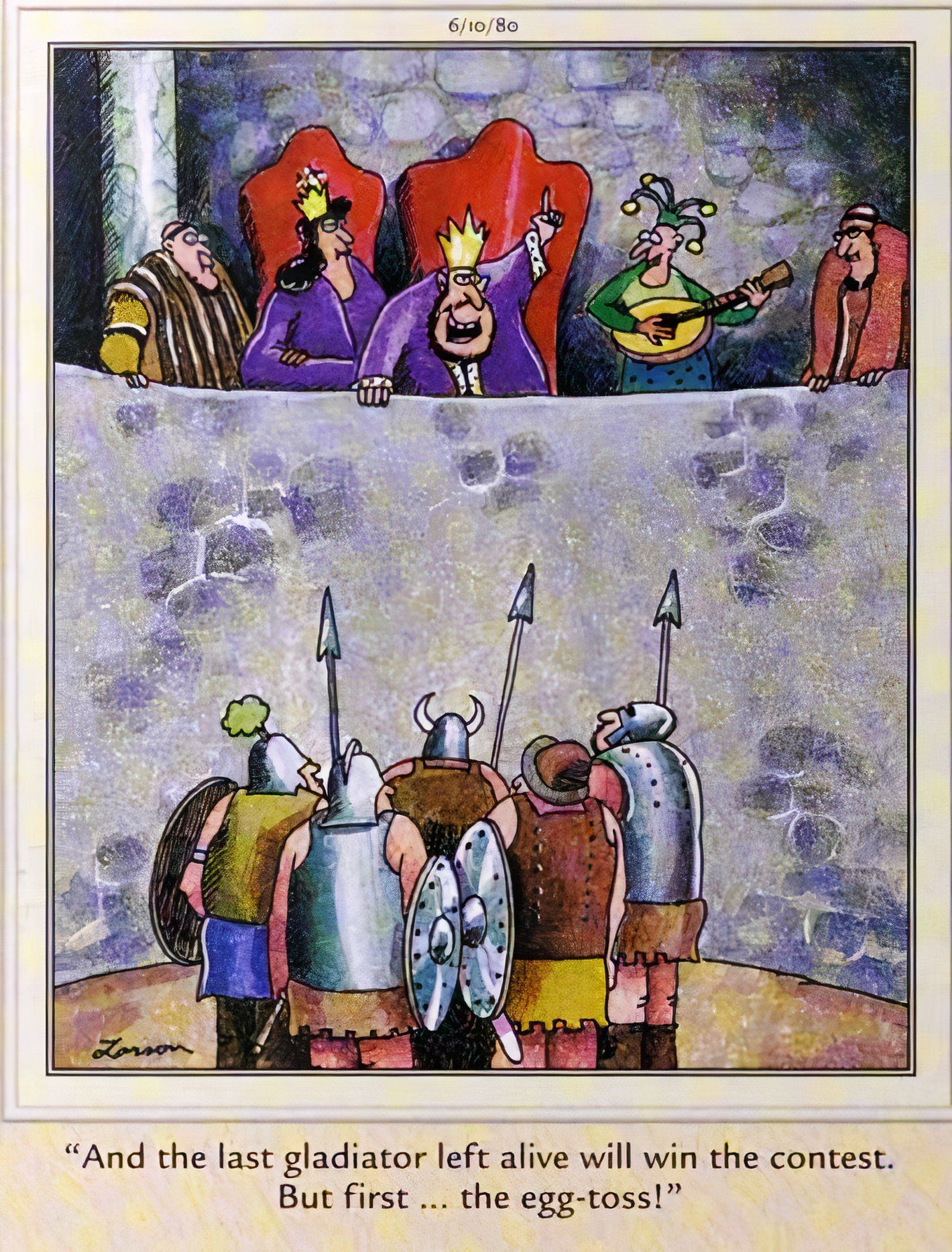 Far Side, 10 de junho de 1980, um rei anuncia aos seus gladiadores que o 