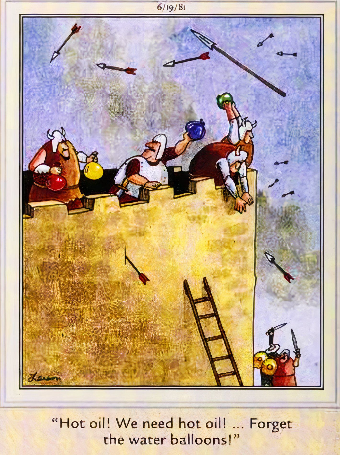 Far Side, 19 de junho de 1981, homens defendendo um castelo gritam que precisam de óleo quente, não de balões de água