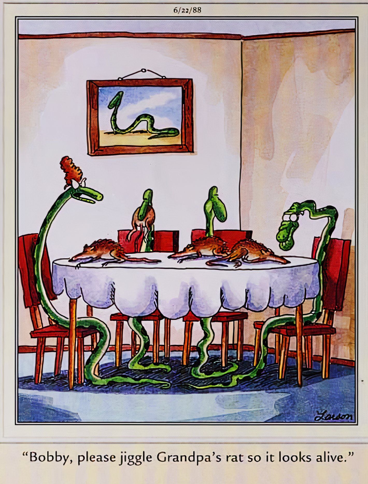 Far Side, June 22, 1988, a family of snakes at the dinner table eating rats