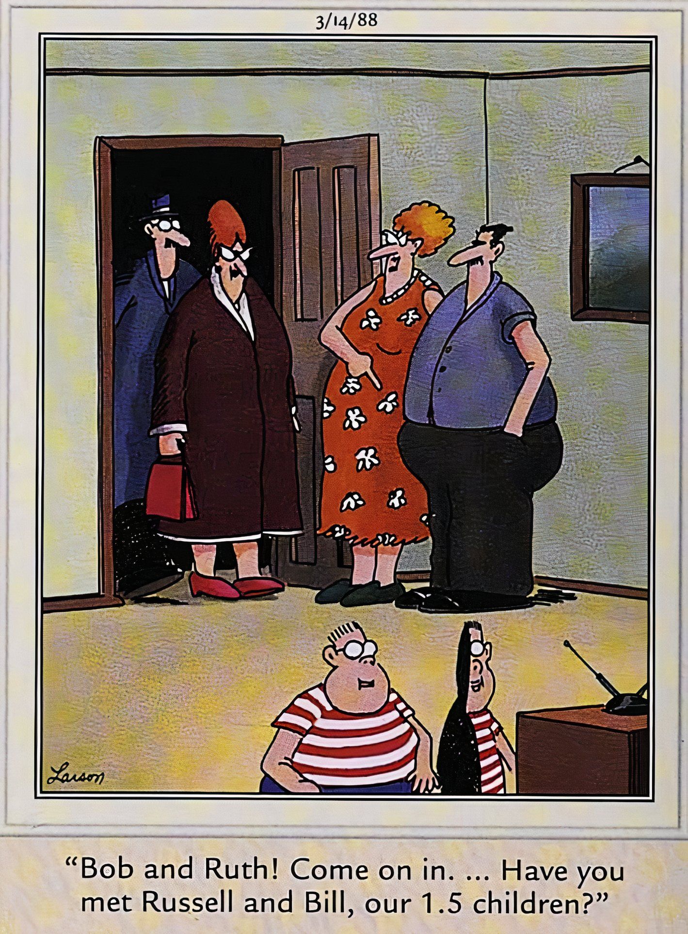 Far Side, March 14, 1988, a couple invites another couple into their home to meet their 1.5 children