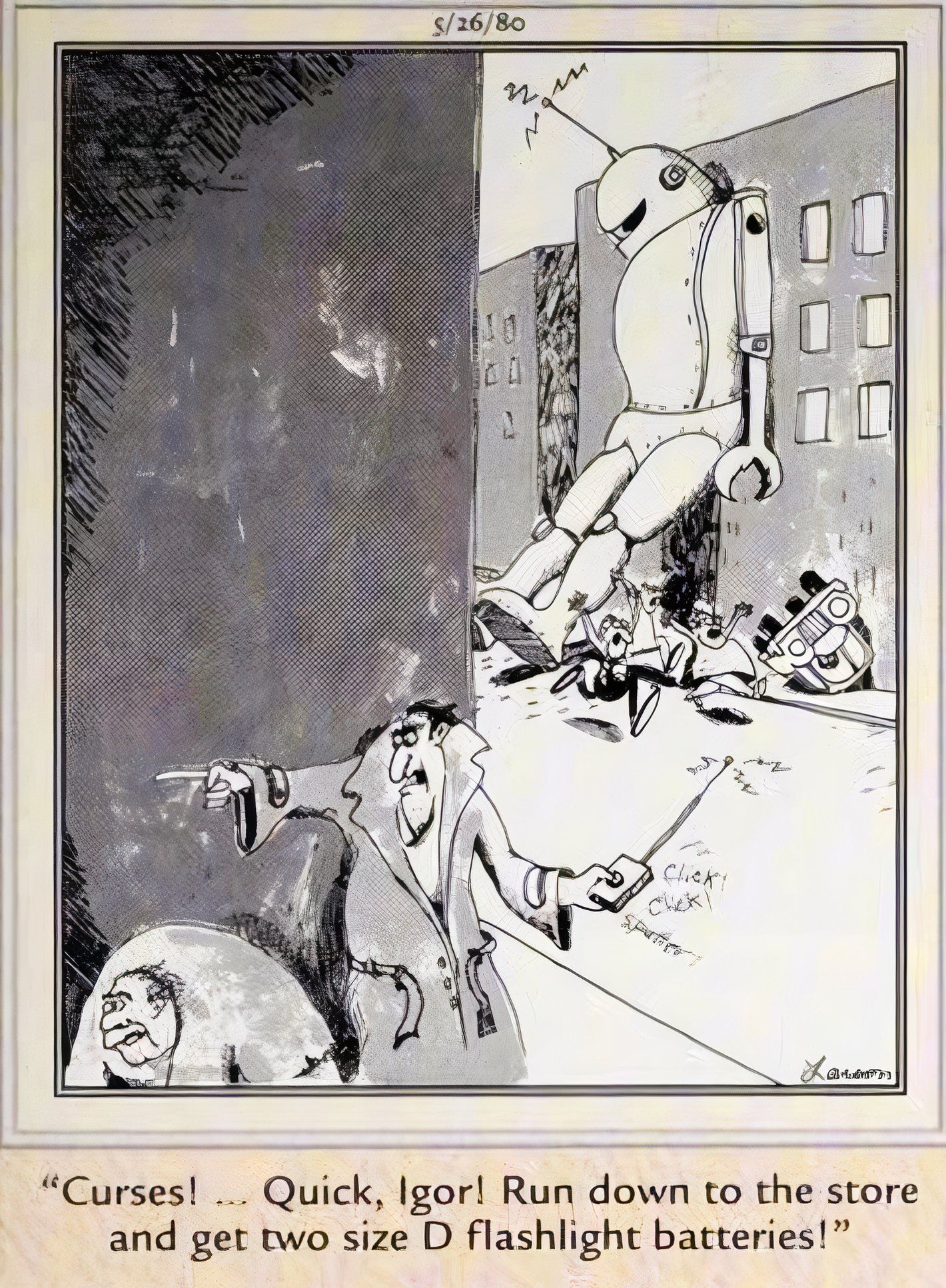 Far Side, 26 de maio de 1980, um cientista louco grita com Igor para correr até a loja para comprar pilhas quando seu controlador de robô gigante morre