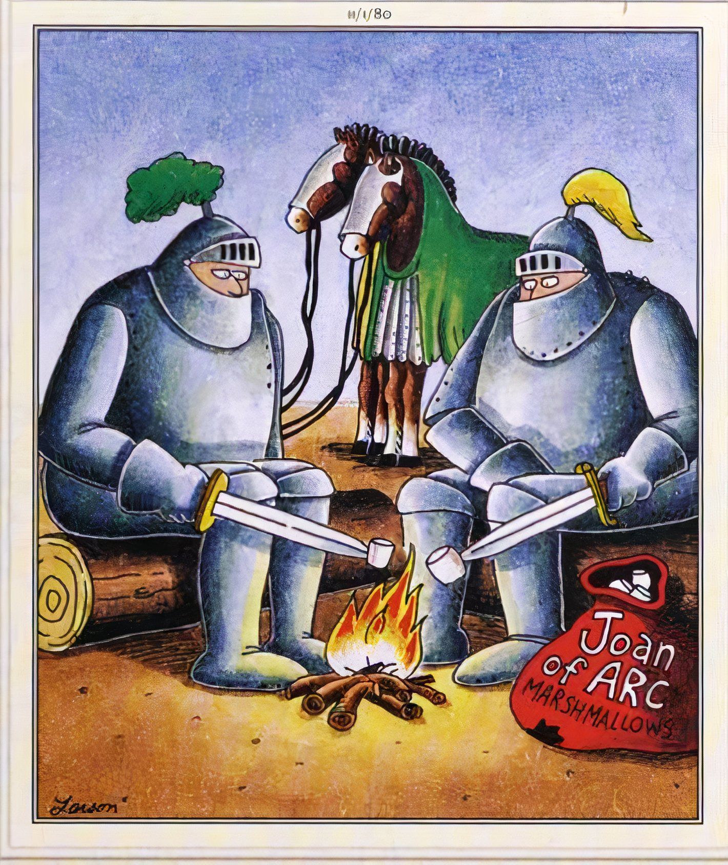 Far Side, 1º de novembro de 1980, dois cavaleiros assam marshmallows de um saco rotulado Joan of Arc Marshmallows