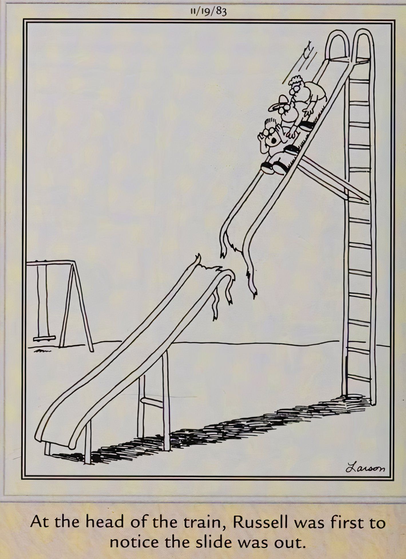 Far Side, 19 de novembro de 1983, crianças em um escorregador percebem que ele está quebrado no meio