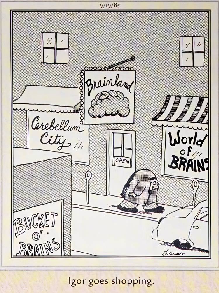 Far Side, September 19, 1985, Igor walks past multiple stores selling brains