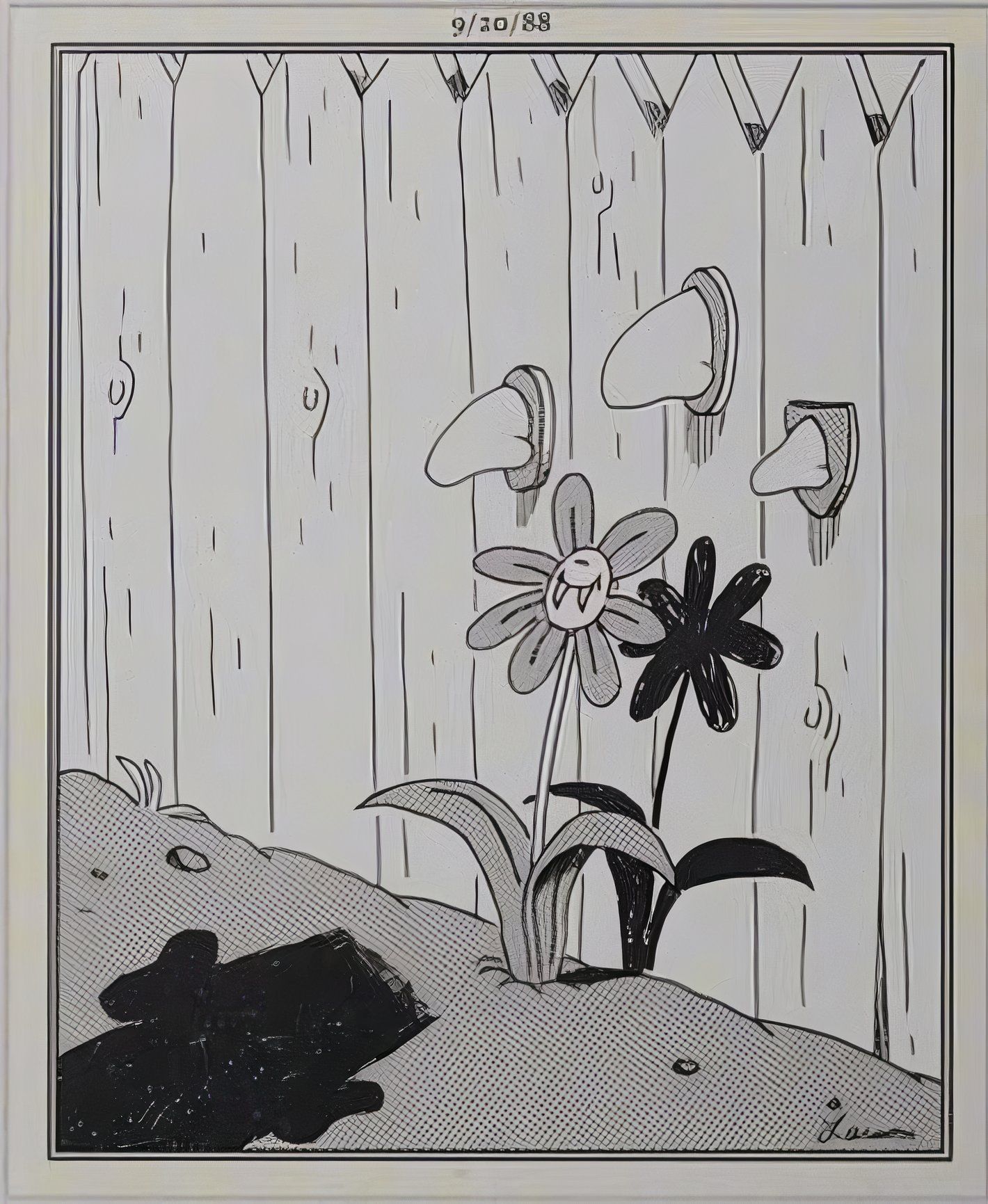 Far Side, September 20, 1988, a fence with noses and a flower with fangs, approached by the shadow of a man