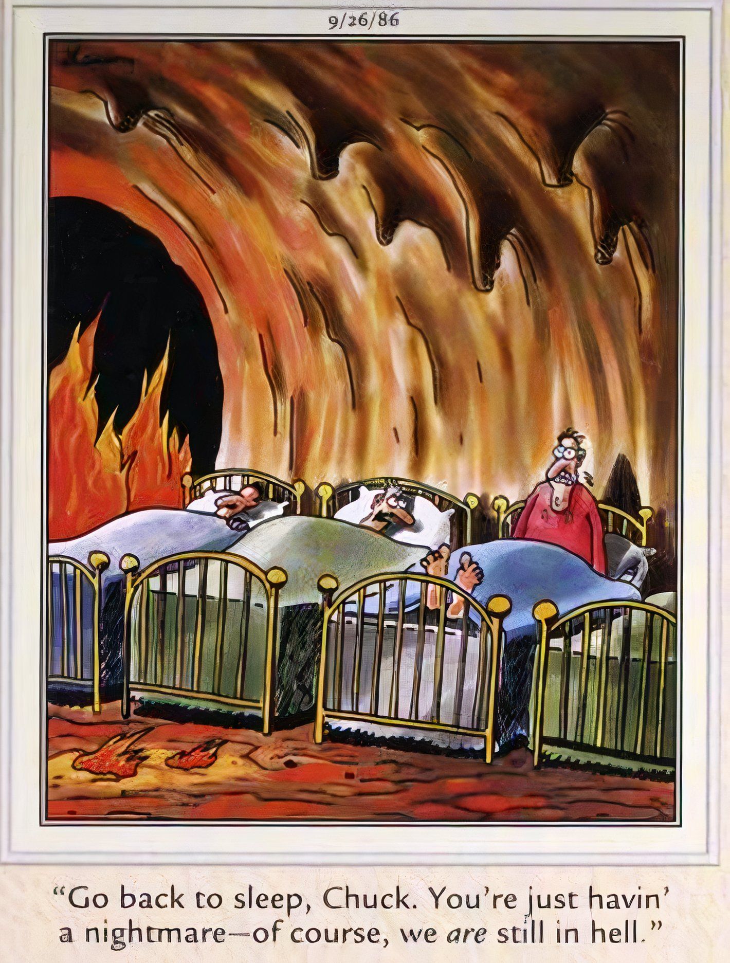 Far Side, 26 de setembro de 1986, um homem no inferno acorda de um pesadelo