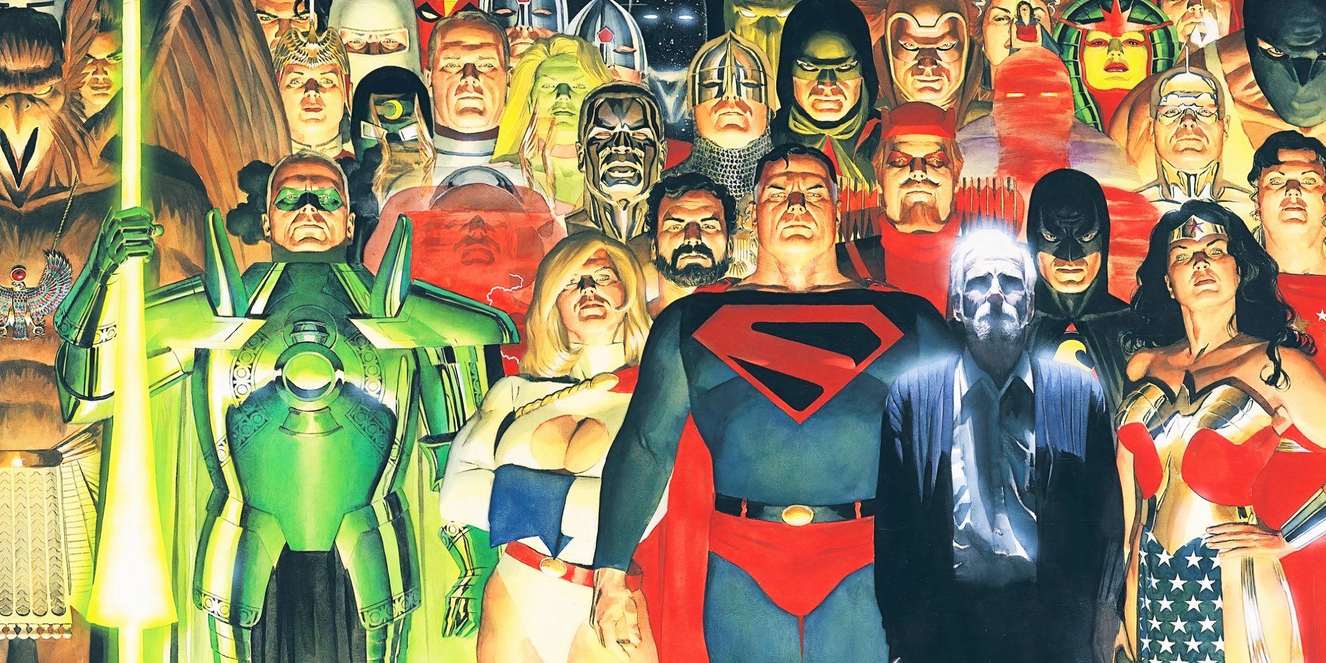 Featured image: Justice League painting by Alex Ross (color) and black and white Ross