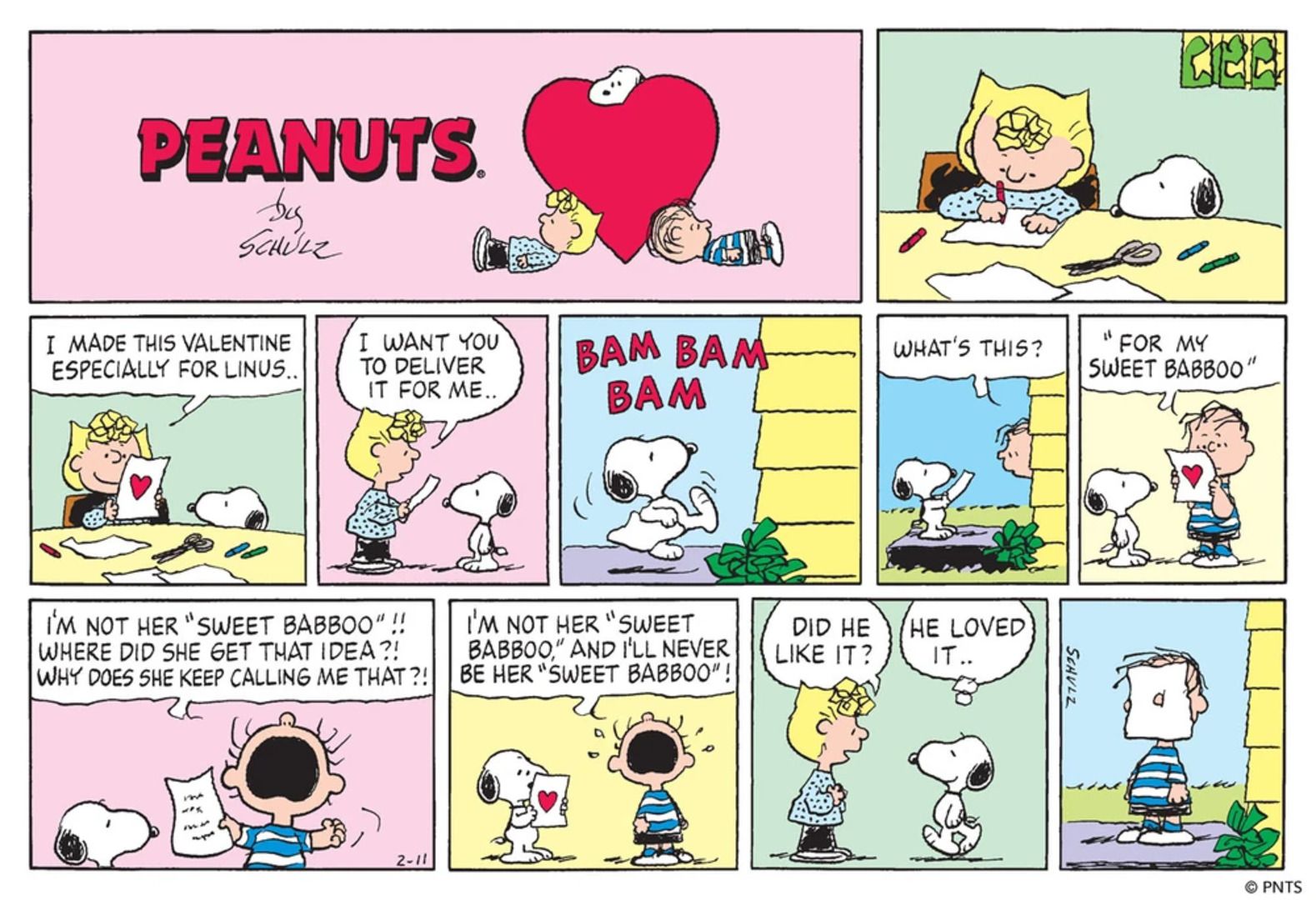 Snoopy entrega um cartão de dia dos namorados de Sally para Linus e afirma que adorou ao reportar a ela.