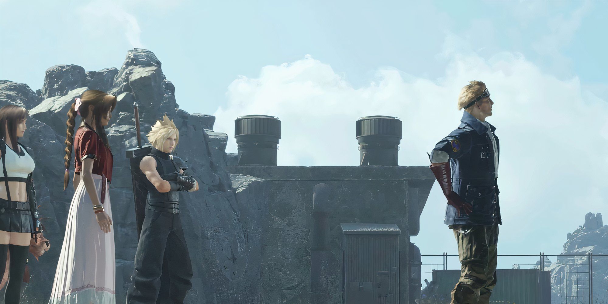 Final Fantasy 7 Rebirth Cid Highwind conversing with Cloud Strife, Tifa Lockhart and Aerith Gainsborough