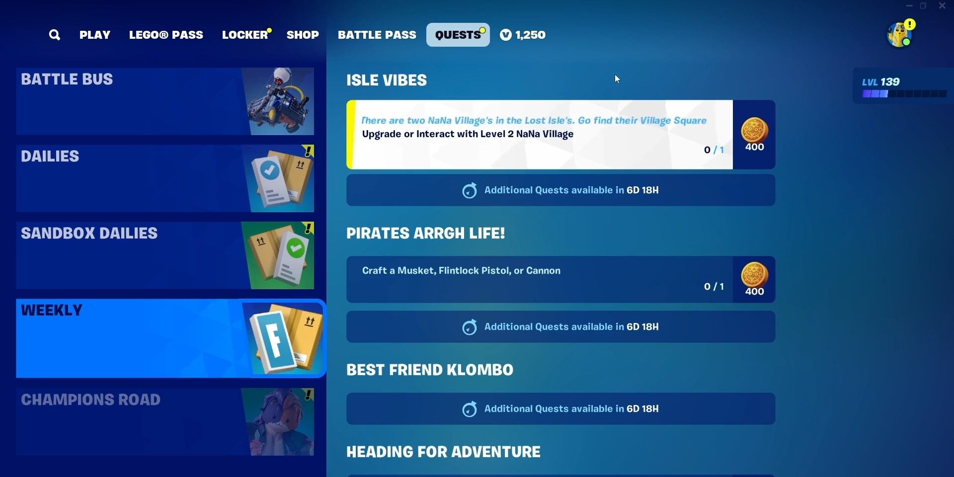 As missões Isle Vibes envolvendo NaNa Village em Lego Fortnite