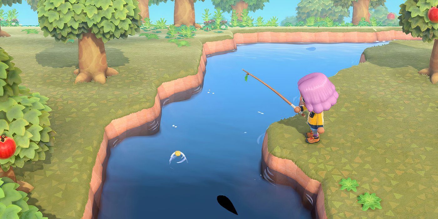 O jogador pescando em um rio em Animal Crossing: New Horizons.