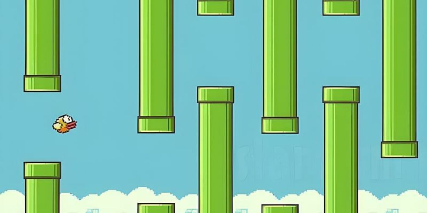 Flappy Bird flying through a series of green pipes