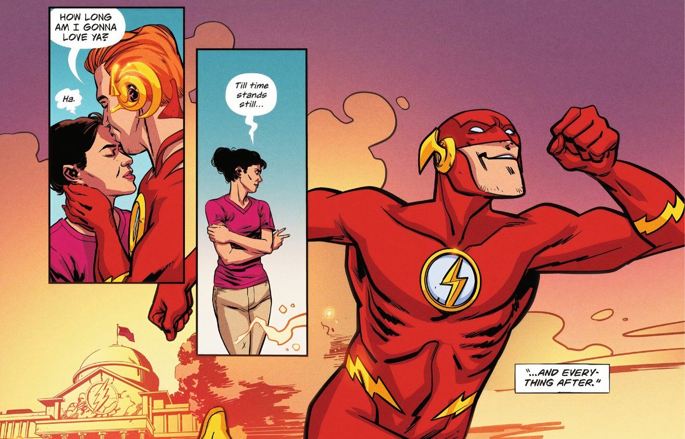 Painéis de quadrinhos: Wally West e Linda Park-West compartilham um doce momento em que Wally pergunta por quanto tempo ele vai amá-la, e ela diz: "Até o tempo parar... e tudo depois."