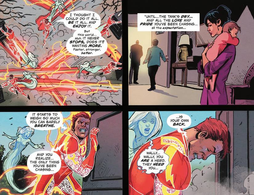 Comic book panels: Flash isolates himself in the Gallery as he decides he can't take the pressure of being everything for everyone anymore.