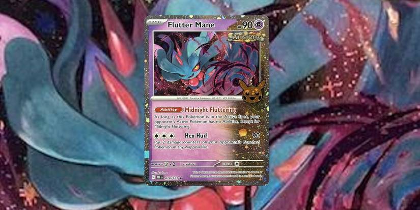 The Flutter Mane (Temporal Forces 078/162) Trick or Trade variant Pokémon card.