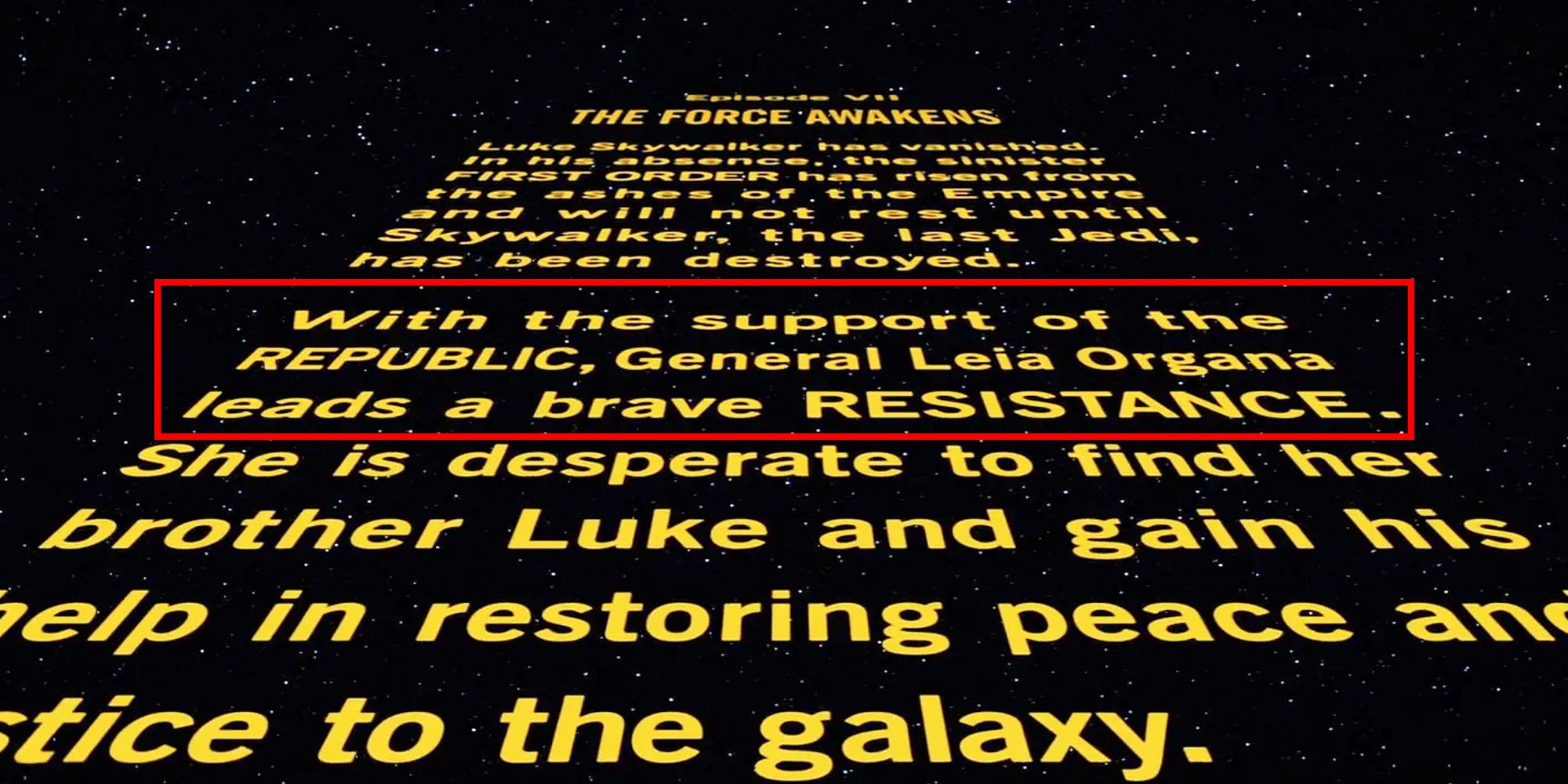 Texto introductorio de Star Wars: El despertar de la fuerza, con las líneas "Con el apoyo de la REPÚBLICA, el General Leia Organa lidera una valiente RESISTENCIA." resaltado en un recuadro rojo