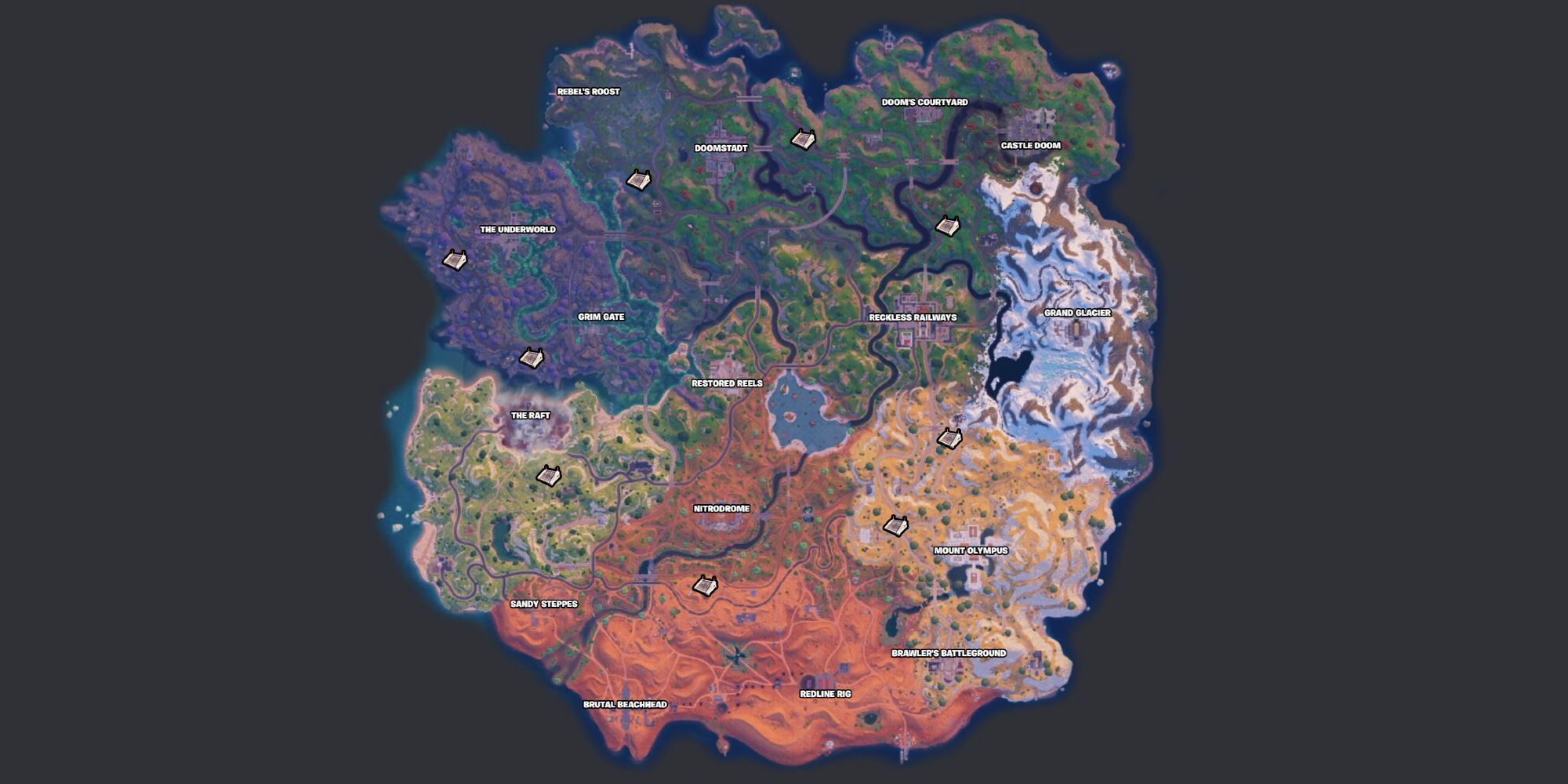 Mapa de la isla de la temporada 4 del capítulo 5 de Fortnite con los nueve búnkeres de armas marcados para cofres raros Misión del Doctor Doom