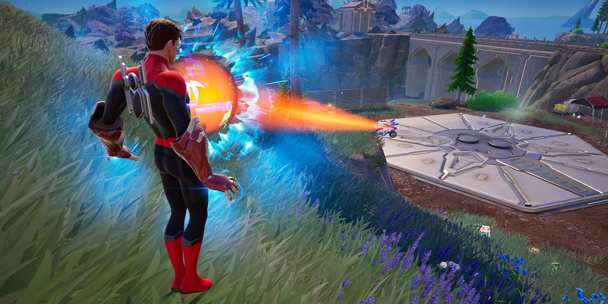 Spider-Man using Iron Man's Unibeam in Fortnite