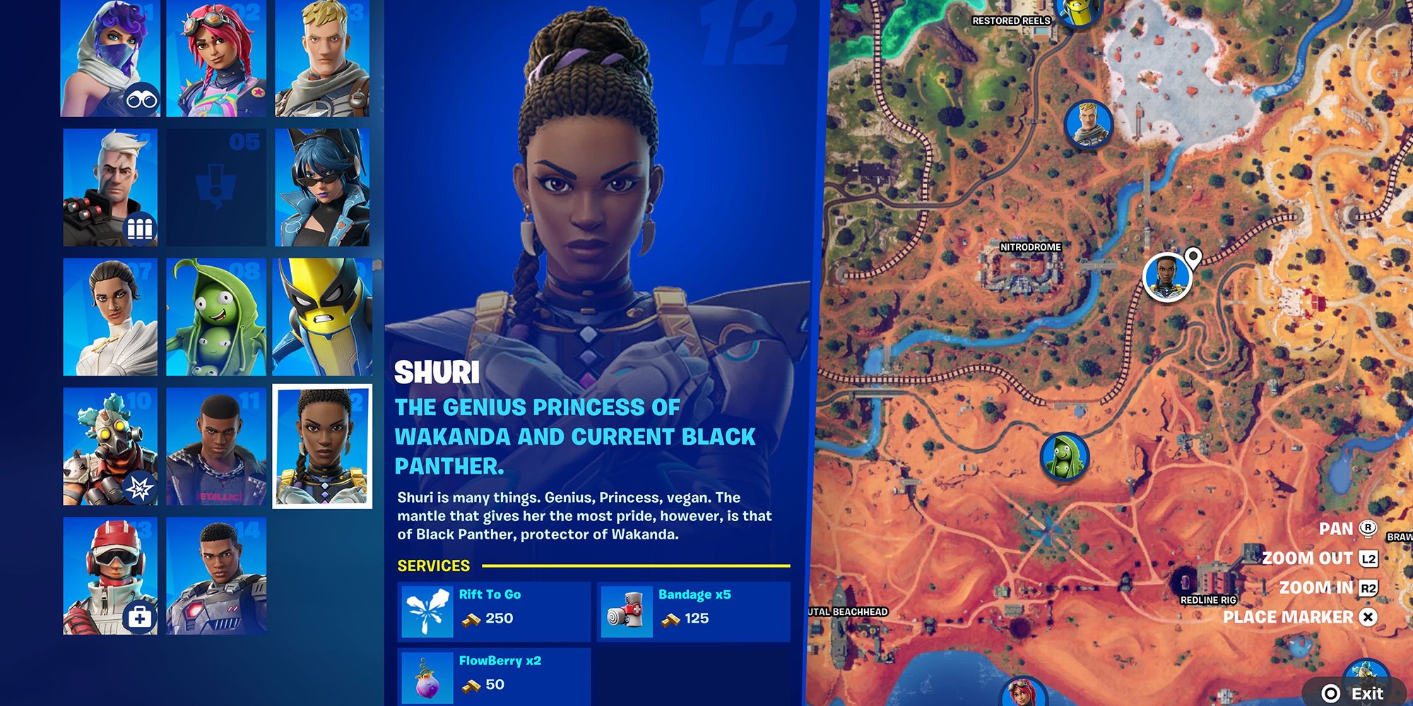 O NPC Shuri marcado no mapa Fortnite