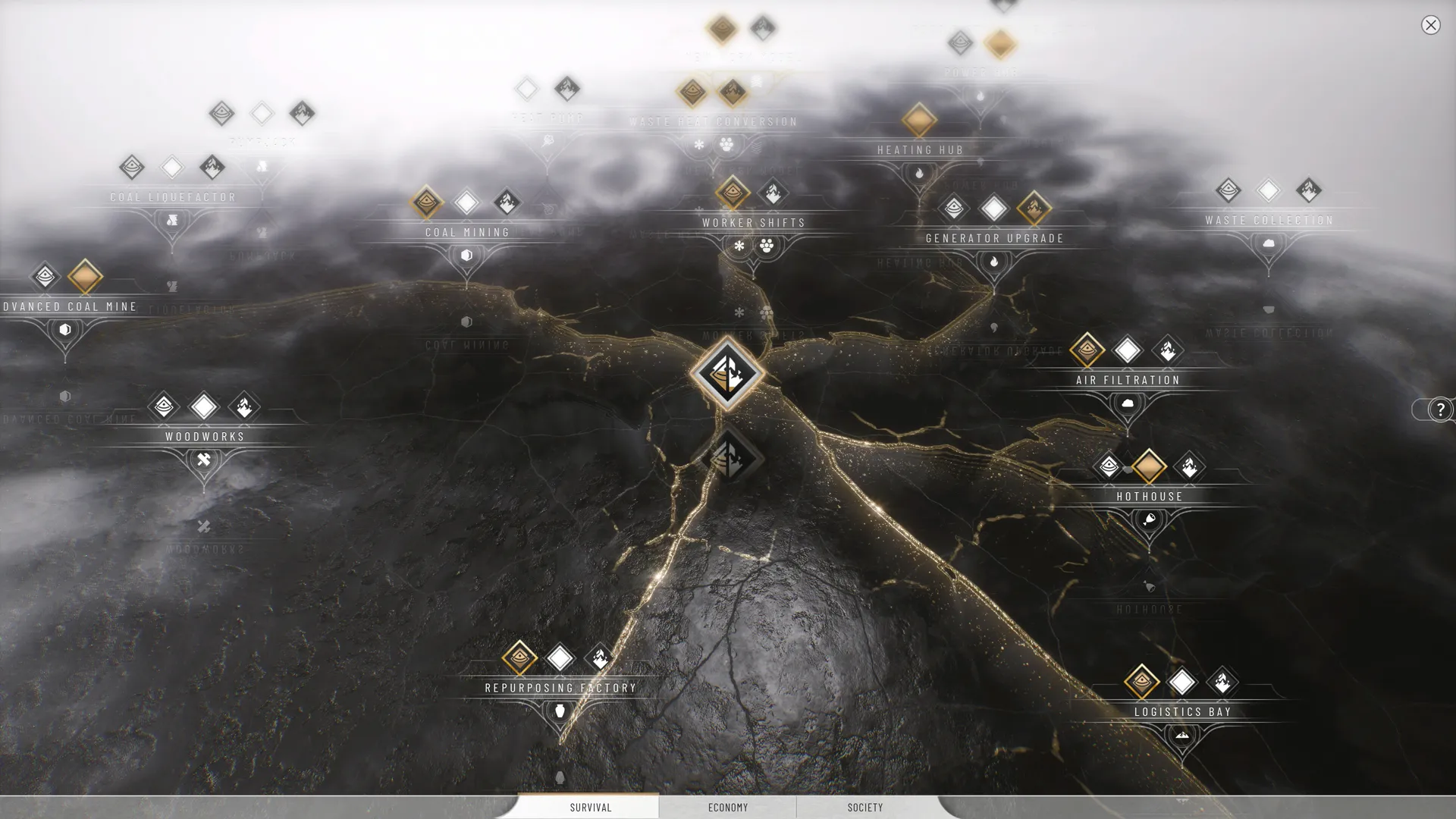 The Frostpunk 2 Research Tree shows several gold-lit paths to researched topics such as Worker Queues and Generator Upgrades.