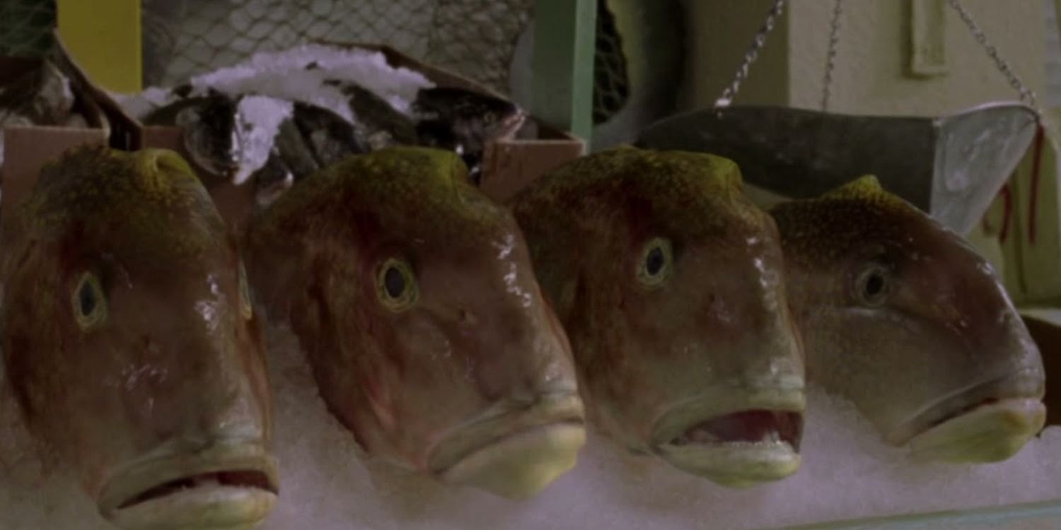 Funhouse episode of The Sopranos showing a row of fish