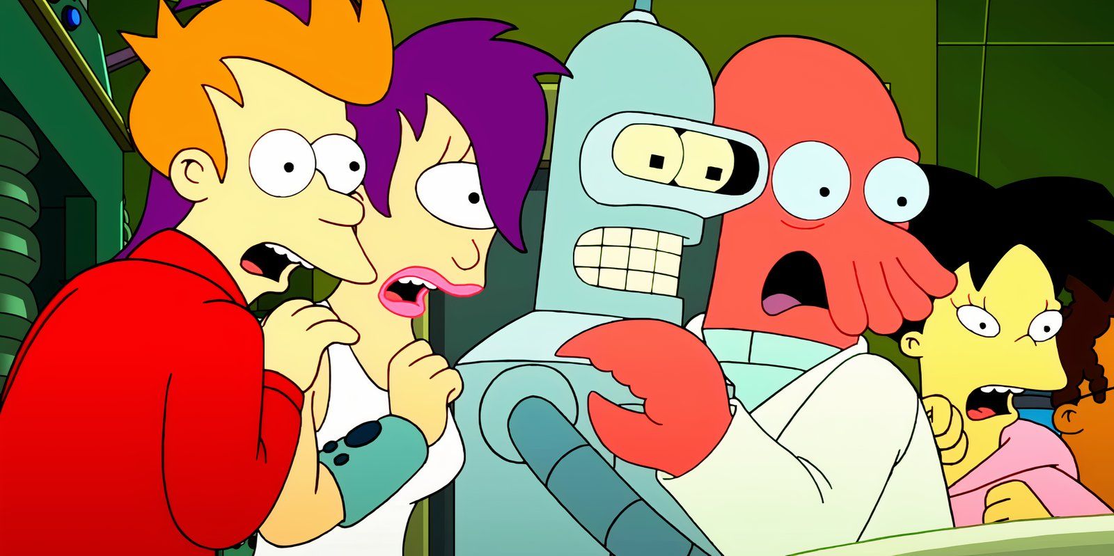 Fry Leela Bender and Zoidberg looking afraid in Futurama