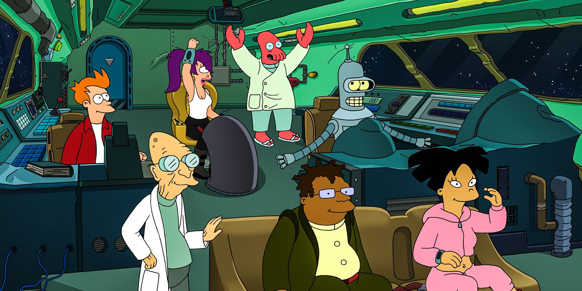 Toda la tripulación a bordo celebra el 10 en la temporada 12 de Futurama